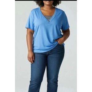 Sport Savvy Womens 3X Blue V-Neck Short Sleeve French Terry Top Striped Inset